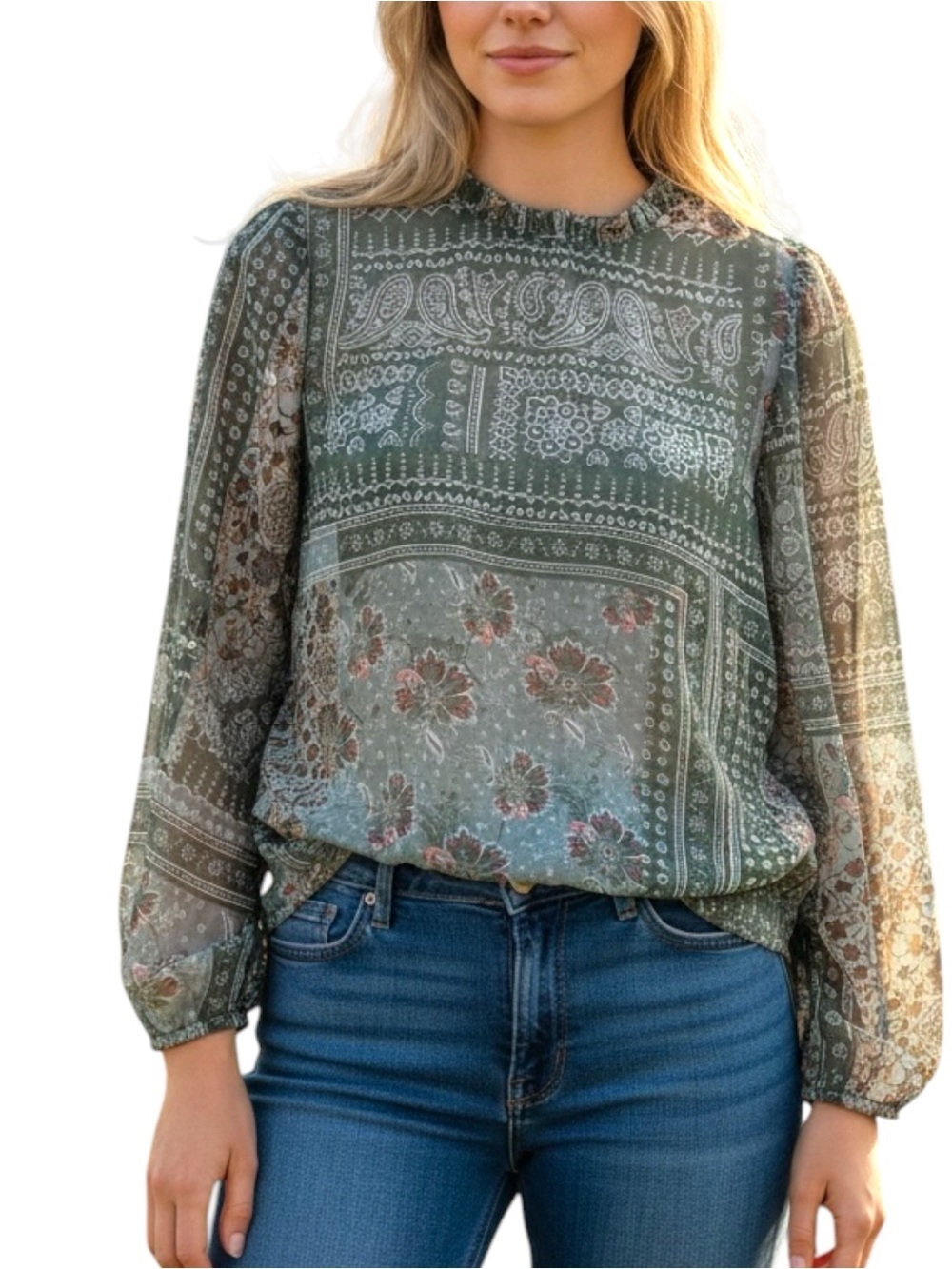 Cost Plus World Market Sz S/M Olive Floral Bandana Print Long-Sleeve Blouse Top